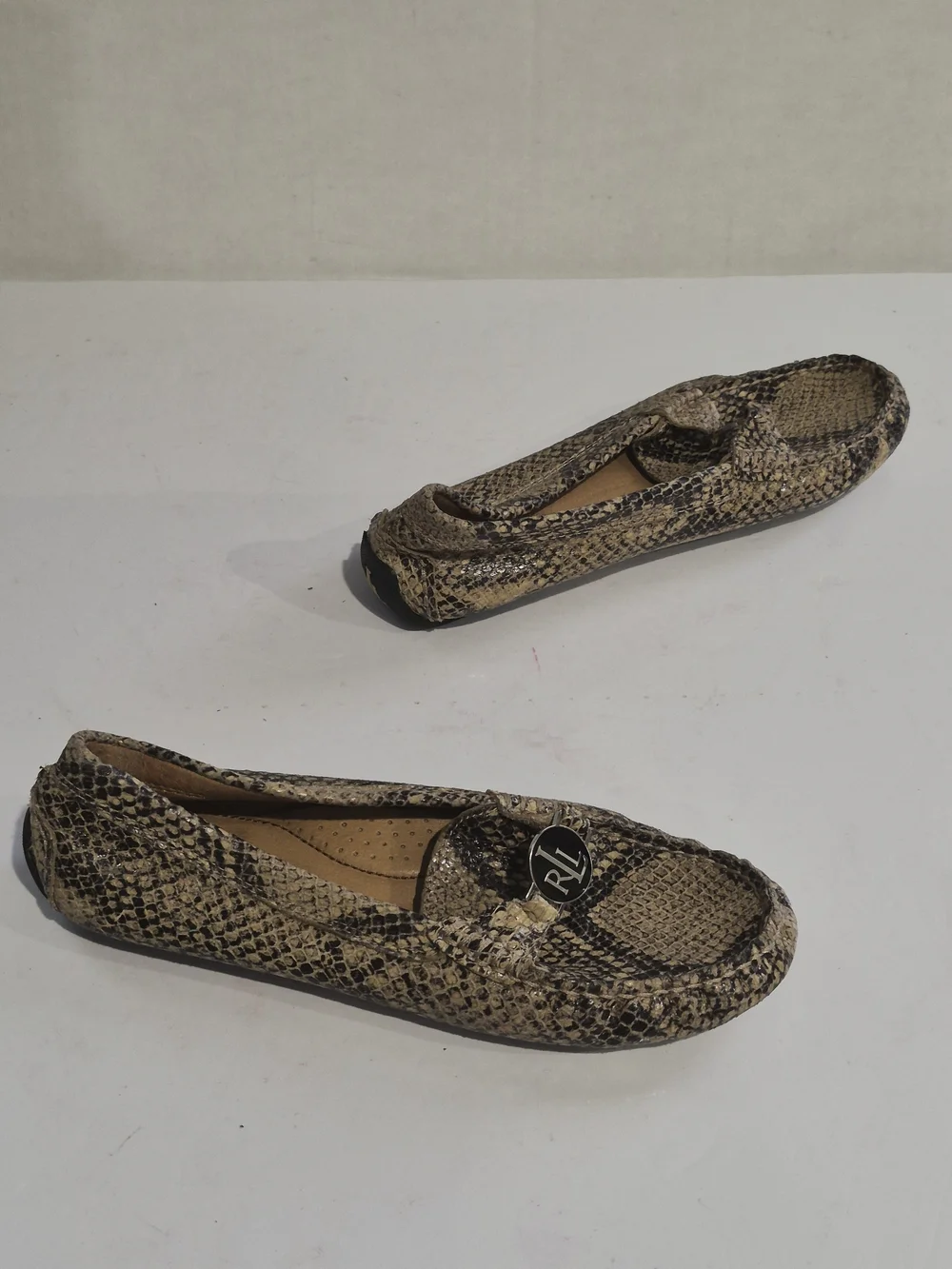 Ralph Lauren Snake-Print Driving Loafers in Beige